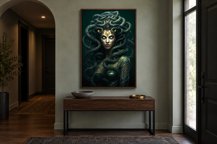 Green Medusa Gorgon Greek mythology framed canvas wall art hanging above a wooden console table.