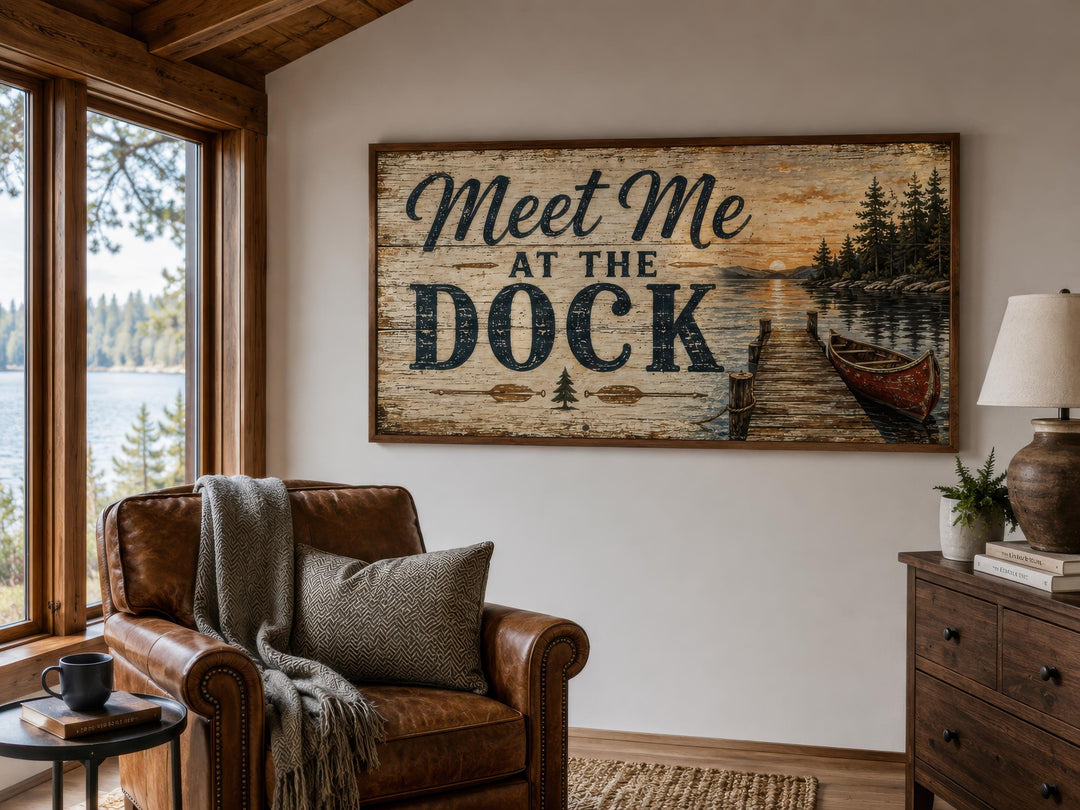 Rustic 'Meet Me at the Dock' canvas wall art with a lake sunset scene above a leather armchair.