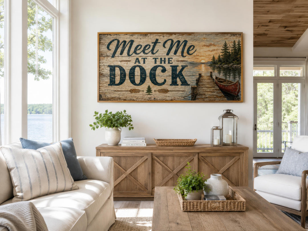 Rustic Meet Me at the Dock canvas wall art hanging above a wooden console in a lake house living room