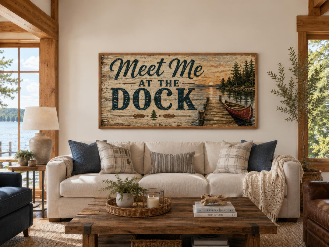 Rustic 'Meet Me at the Dock' lake house sign hanging above a white sofa in a cozy cabin living room.