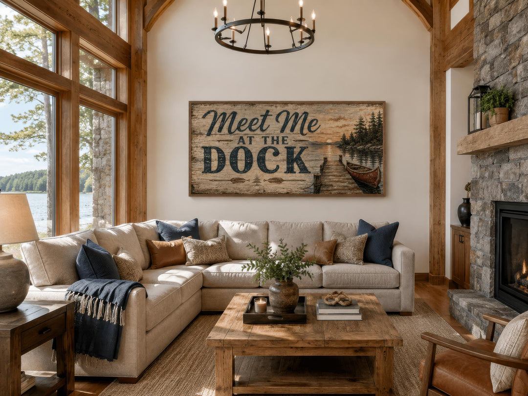 Rustic 'Meet Me at the Dock' canvas wall art hanging in a cozy lake house living room.