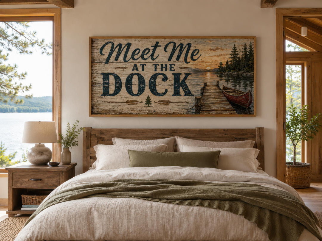 Rustic Meet Me at the Dock canvas wall art hanging above a wooden bed in a lake house bedroom.