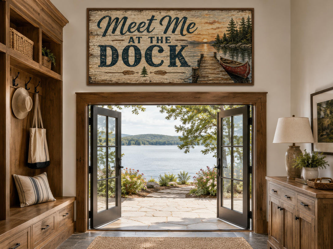 Rustic 'Meet Me at the Dock' canvas wall art hanging above a doorway with a scenic lake view.