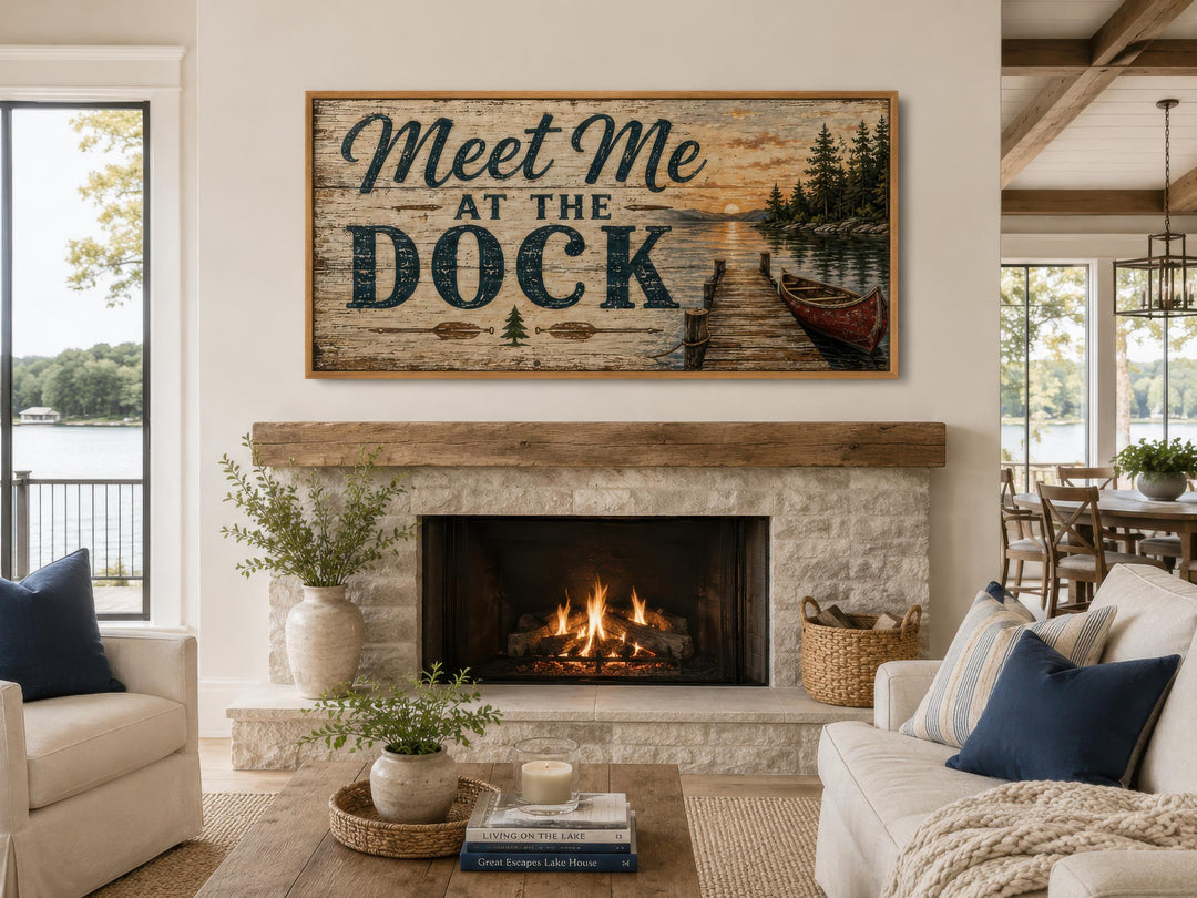 Rustic 'Meet Me at the Dock' canvas wall art hanging above a stone fireplace in a lake house.