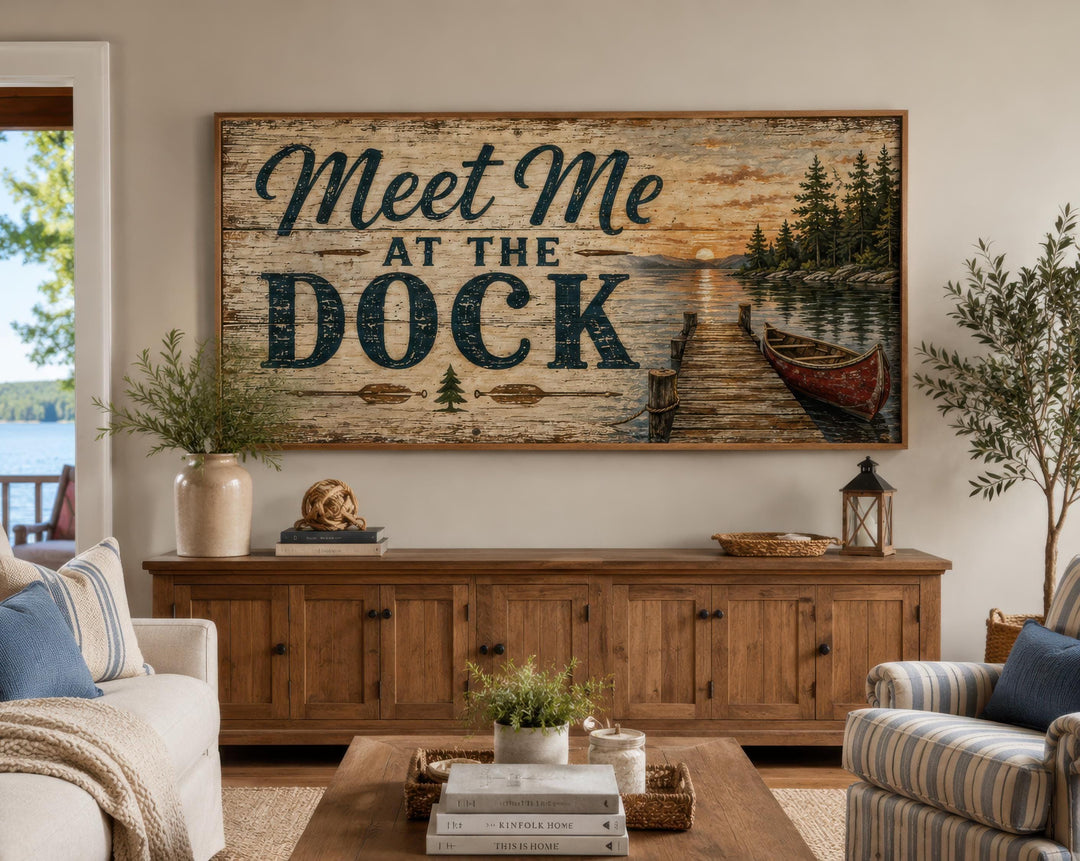 Rustic 'Meet Me at the Dock' canvas wall art hanging above a wooden sideboard in a lake house.