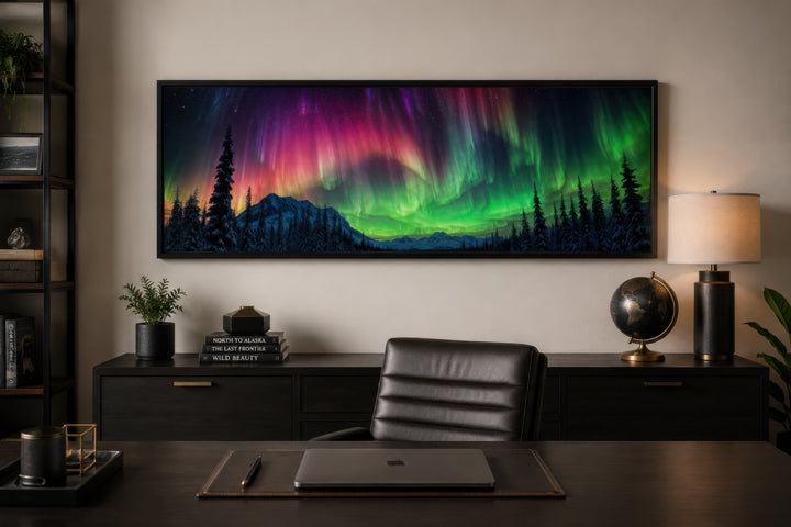 Long horizontal framed canvas of the Aurora Borealis over a dark mountain and forest landscape.