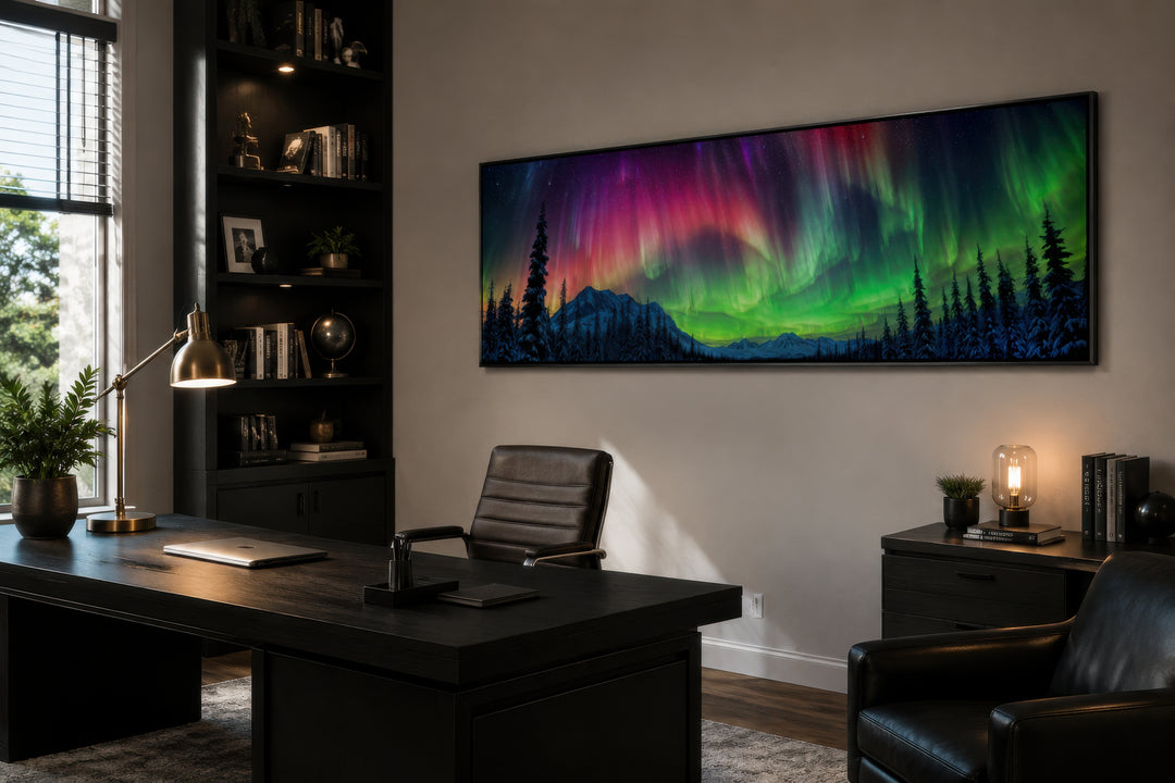 Long horizontal framed canvas wall art of the Aurora Borealis above a dark wood office desk.