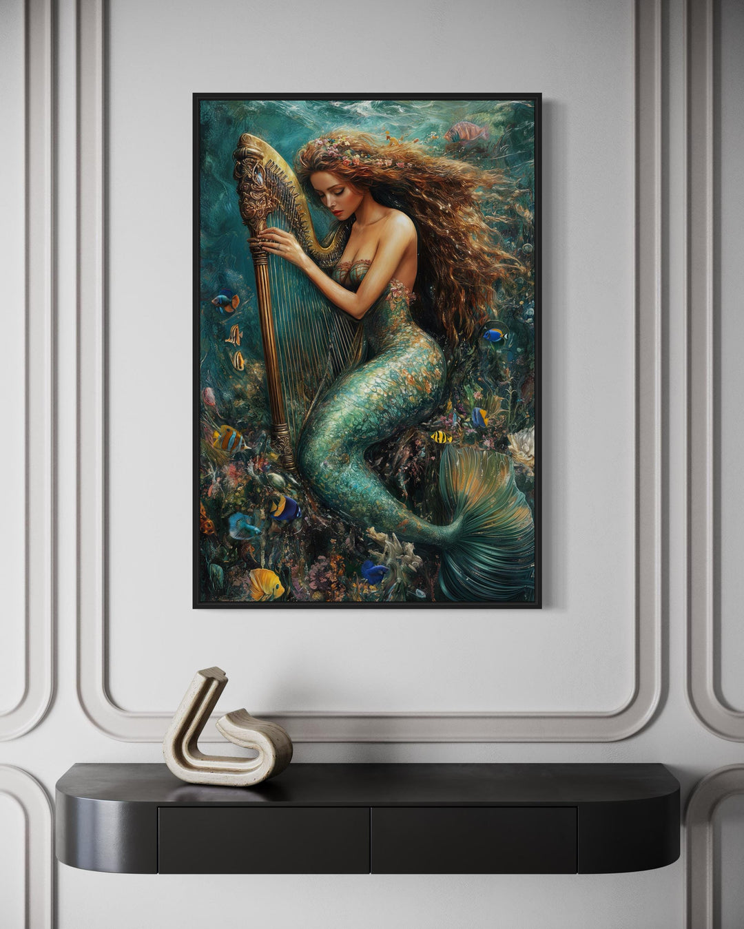 Mermaid Playing Harp Framed Canvas Wall Art