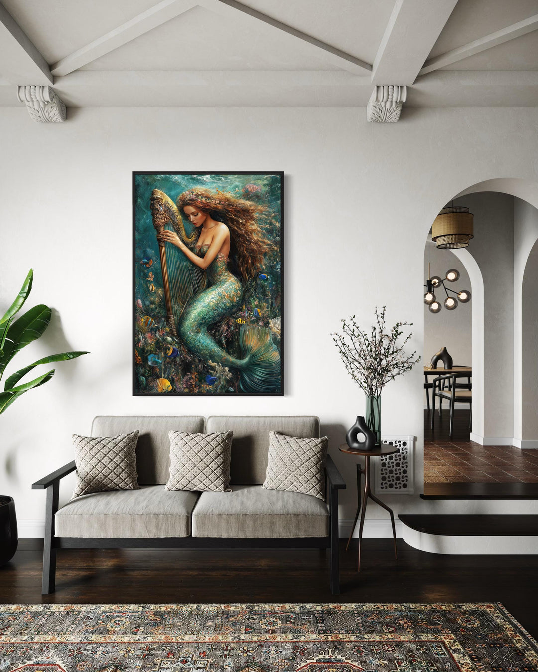 Mermaid Playing Harp Framed Canvas Wall Art