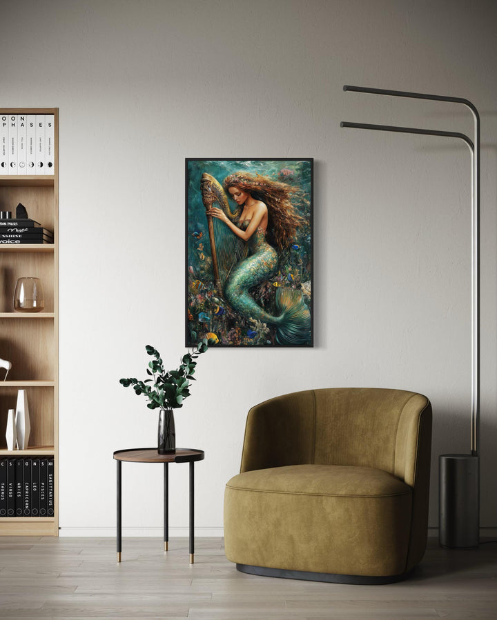 Mermaid Playing Harp Framed Canvas Wall Art