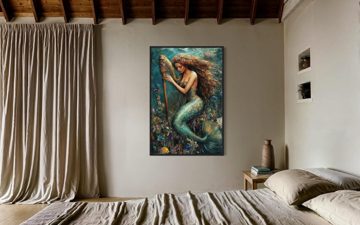 Mermaid Playing Harp Framed Canvas Wall Art