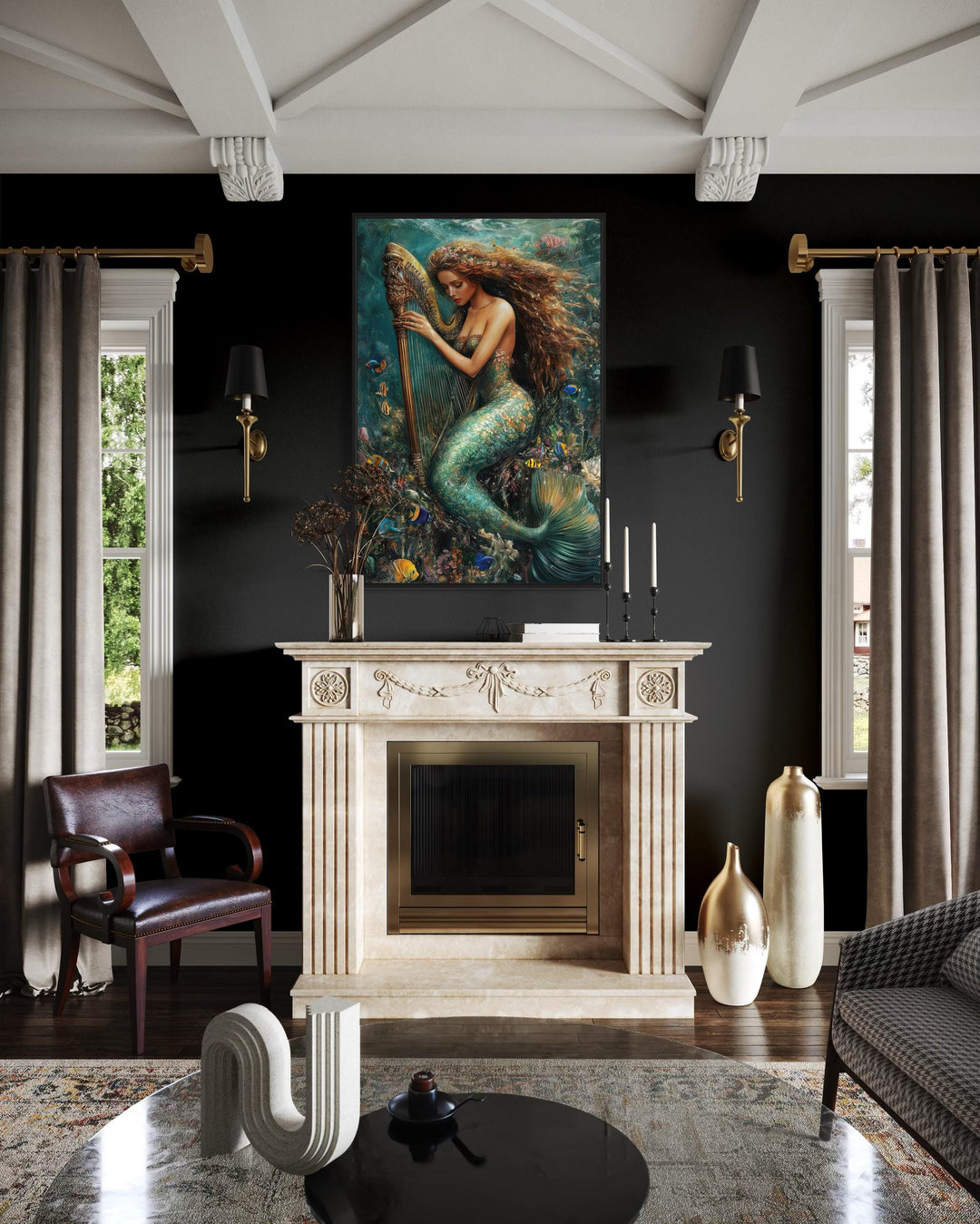 Mermaid Playing Harp Framed Canvas Wall Art