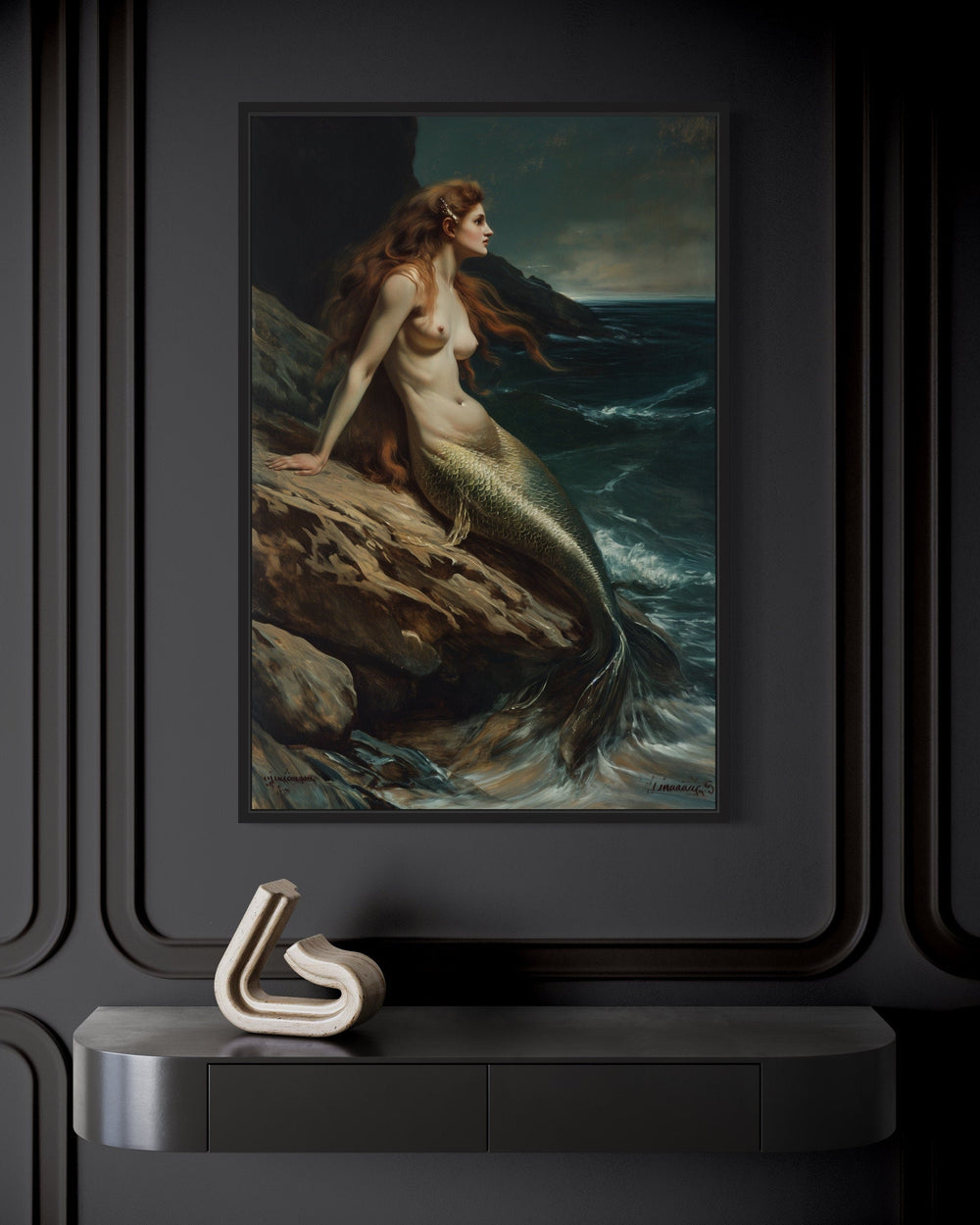 Mermaid Sitting On A Rock Gothic Framed Canvas Wall Art