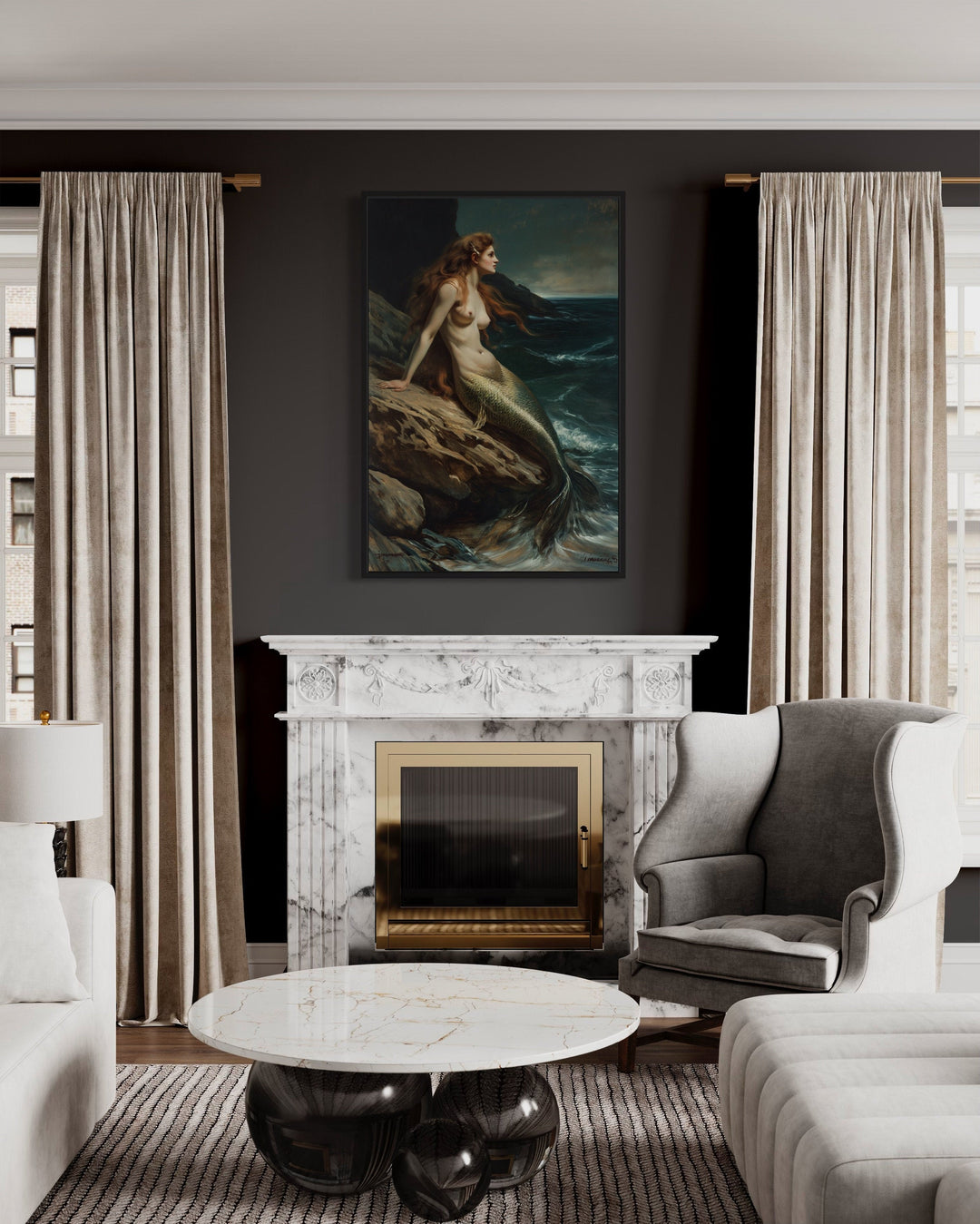 Mermaid sitting on a rock gothic framed canvas wall art.