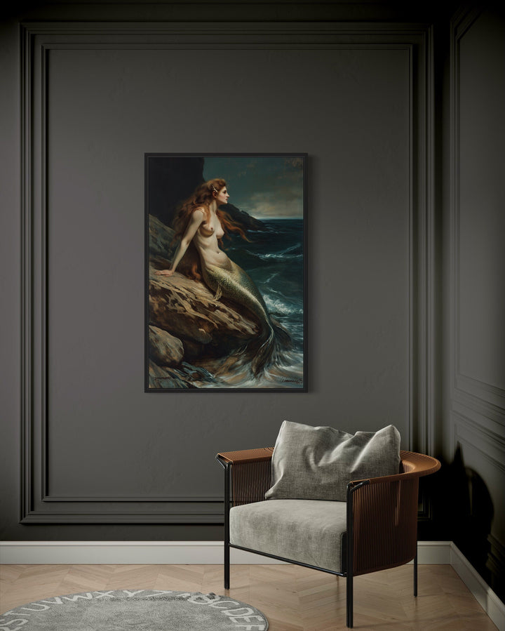 Mermaid Sitting On A Rock Gothic Framed Canvas Wall Art