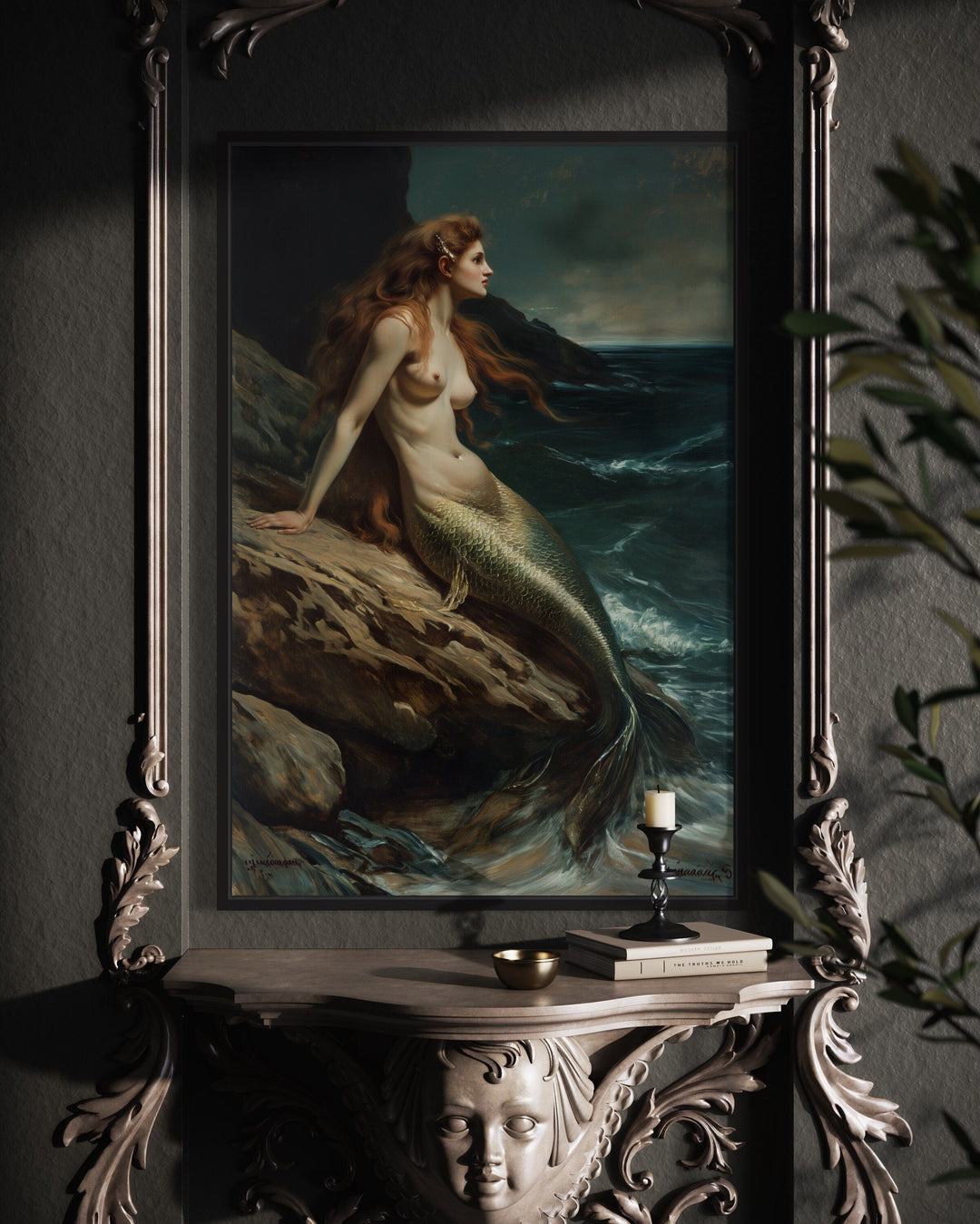 Gothic framed canvas wall art of a mermaid sitting on a rock.