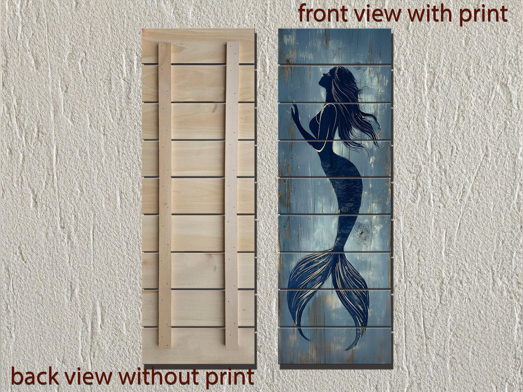 Tall narrow wood wall art featuring a blue mermaid print on planks with a natural wood back view.