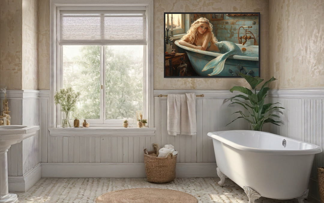 Mermaid in a Bathtub Framed Canvas Wall Art