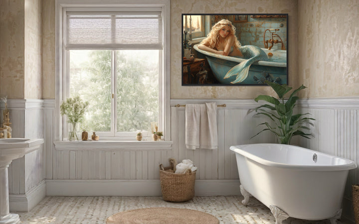 Mermaid in a Bathtub Framed Canvas Wall Art