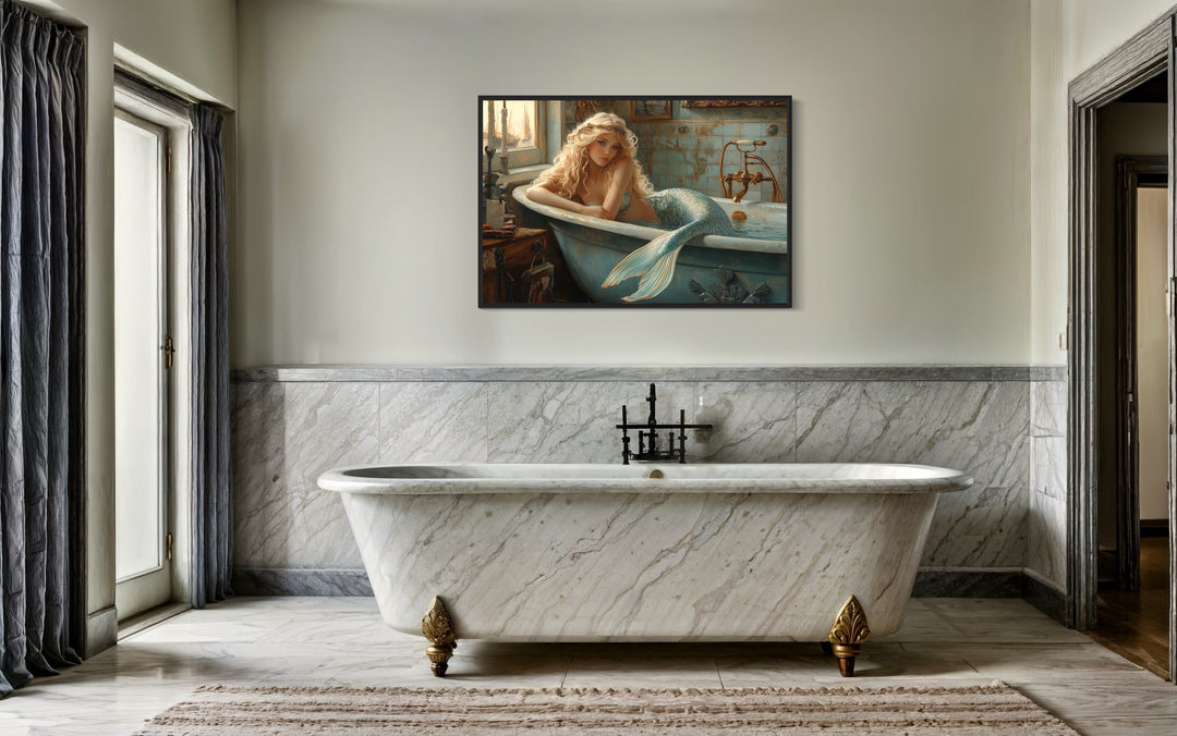 Mermaid in a Bathtub Framed Canvas Wall Art