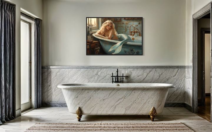 Mermaid in a Bathtub Framed Canvas Wall Art