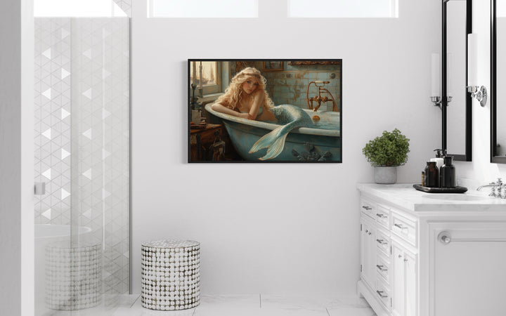 Mermaid in a Bathtub Framed Canvas Wall Art