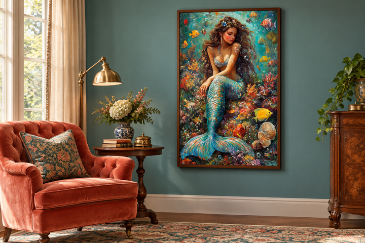 Framed canvas wall art of a mermaid in a vibrant coral reef with colorful fish in a living room.