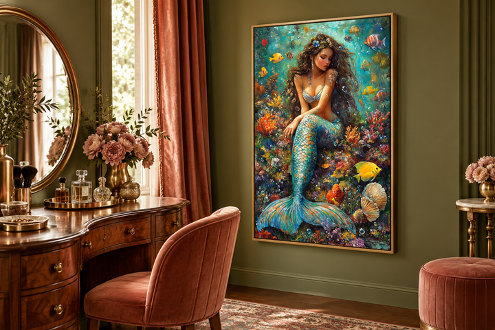 Framed canvas wall art of a mermaid in a colorful coral reef, hung in a green-walled vanity room.