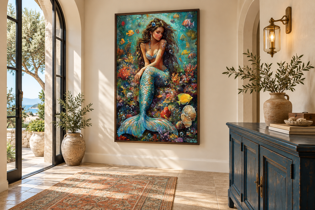 Framed canvas wall art of a mermaid with a shimmering tail in a colorful coral reef underwater.