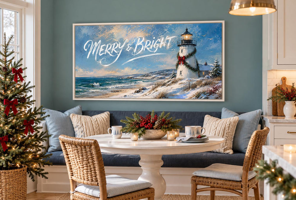 Merry & Bright coastal Christmas lighthouse framed canvas art in a festive dining room setting.