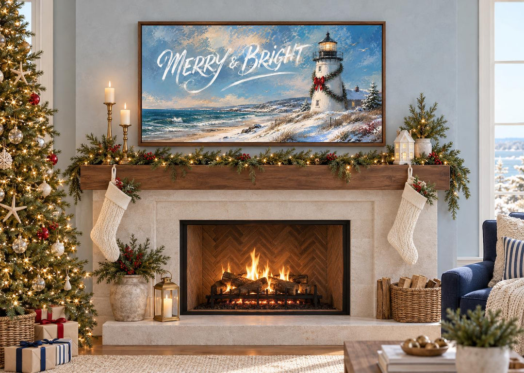 Merry & Bright coastal Christmas lighthouse framed canvas wall art above a decorated fireplace.
