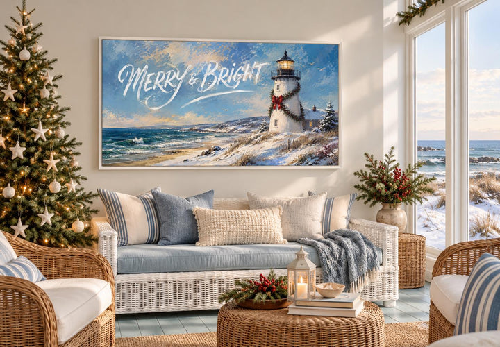 Merry & Bright coastal Christmas lighthouse framed canvas wall art in a festive living room.