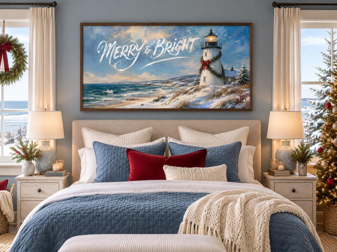 Merry & Bright coastal Christmas lighthouse framed canvas wall art above a cozy bed.