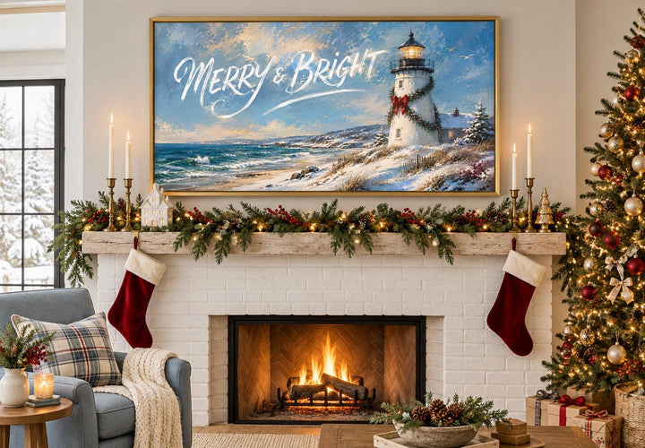 Merry & Bright coastal Christmas lighthouse framed canvas art above a decorated fireplace mantel.
