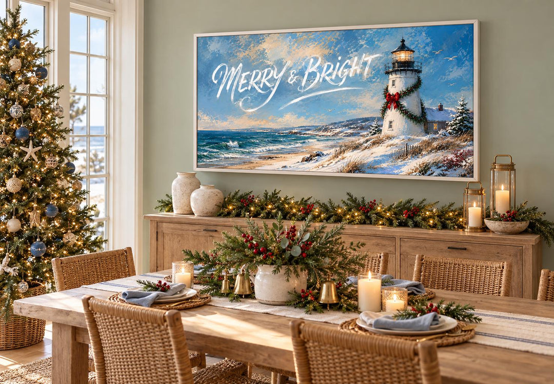Merry & Bright coastal Christmas lighthouse framed canvas wall art above a festive dining table.