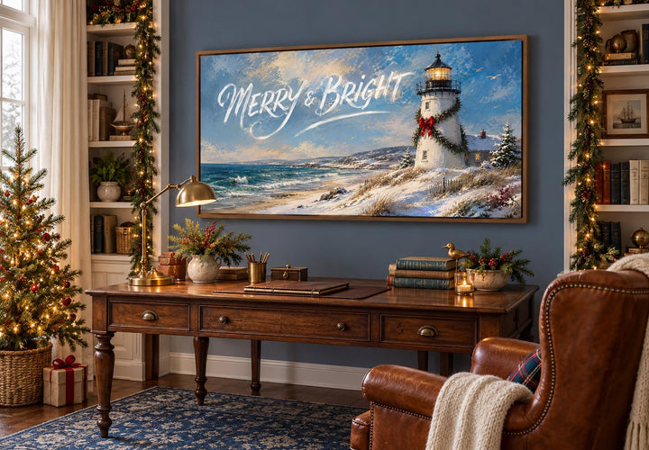 Merry & Bright coastal Christmas lighthouse framed canvas wall art above a wooden desk.