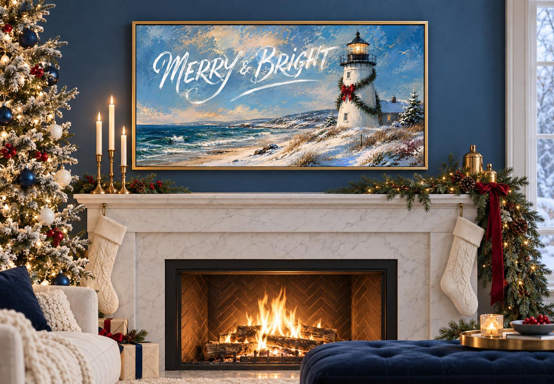 Merry & Bright coastal Christmas lighthouse framed canvas art above a decorated fireplace mantel.