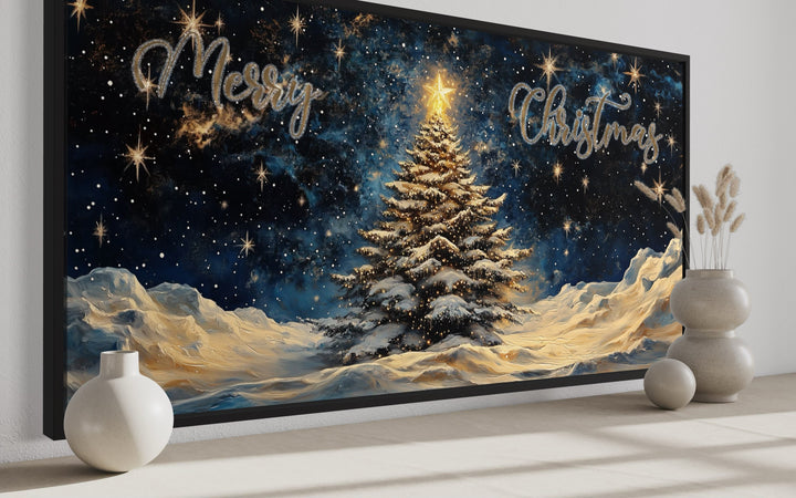 Merry Christmas Sign With Decorated Tree And Snow Canvas Wall Art