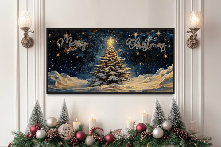 Merry Christmas Sign With Decorated Tree And Snow Canvas Wall Art