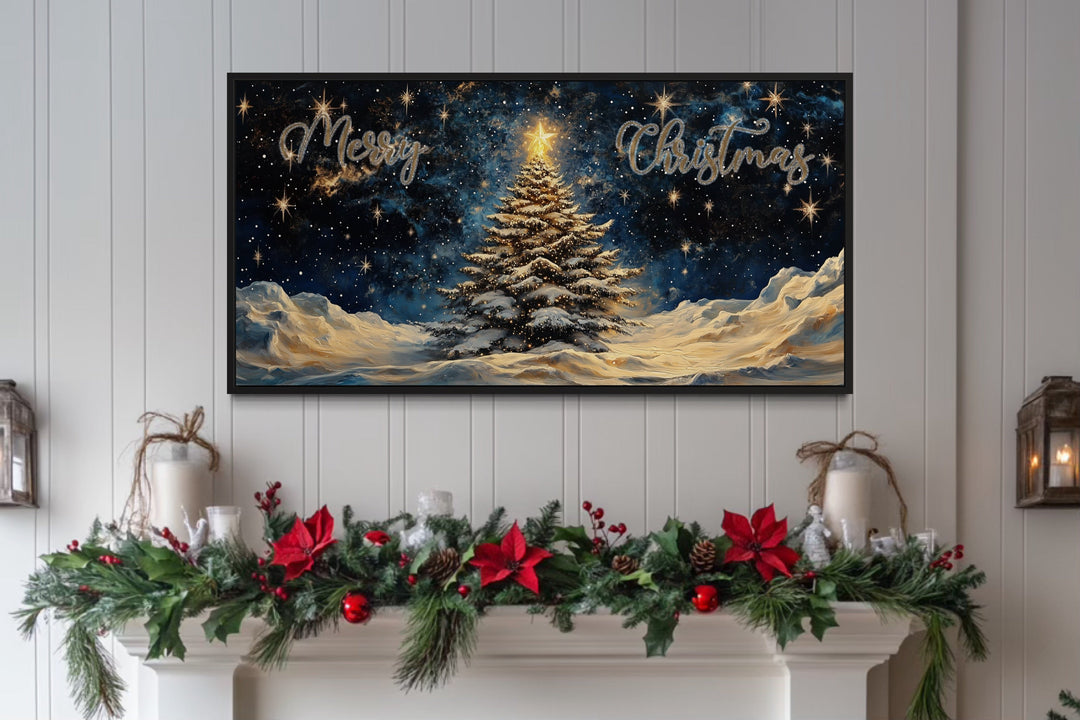 Merry Christmas Sign With Decorated Tree And Snow Canvas Wall Art