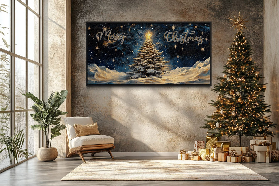 Merry Christmas Sign With Decorated Tree And Snow Canvas Wall Art