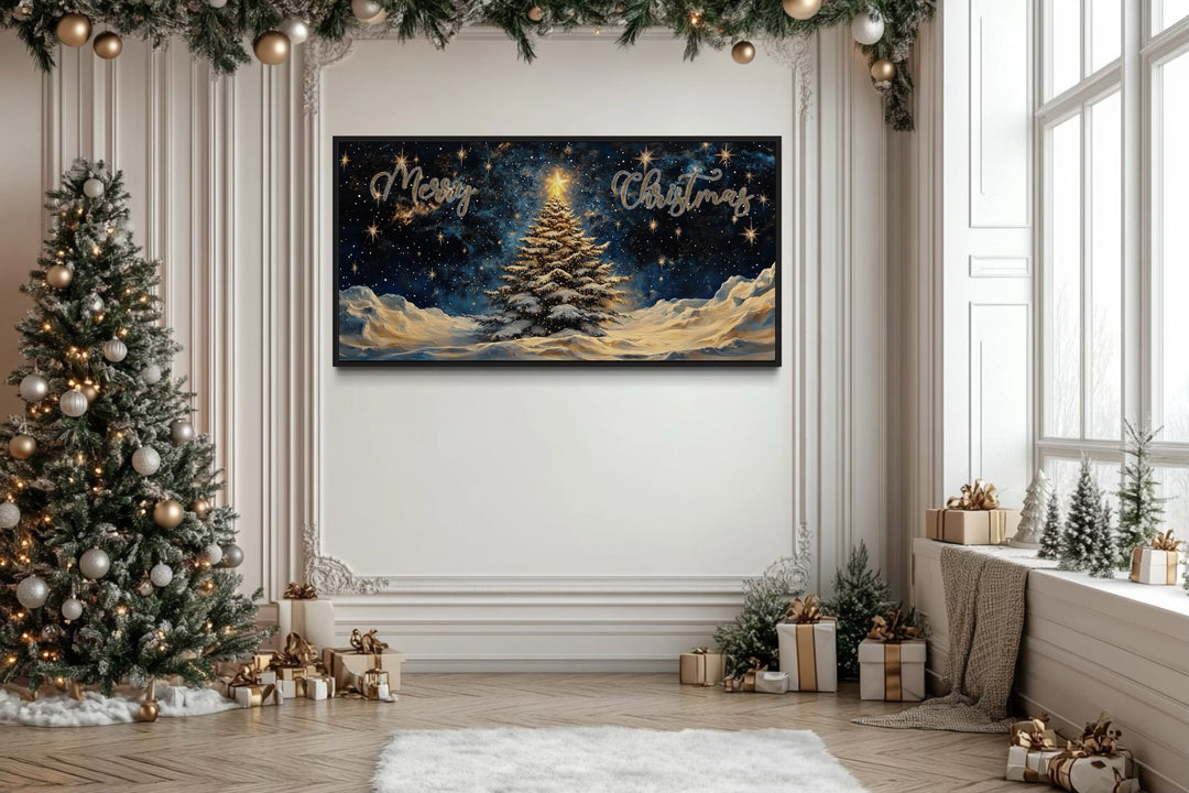 Merry Christmas Sign With Decorated Tree And Snow Canvas Wall Art