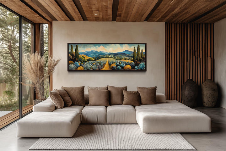 Panoramic canvas wall art of a Mexican agave field with a golden path and blue mountains.
