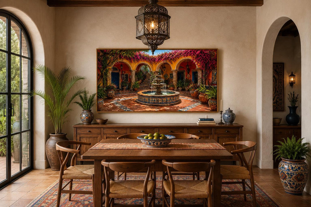 Mexican Courtyard Fountain canvas wall art above a wooden dining table in a hacienda-style room.