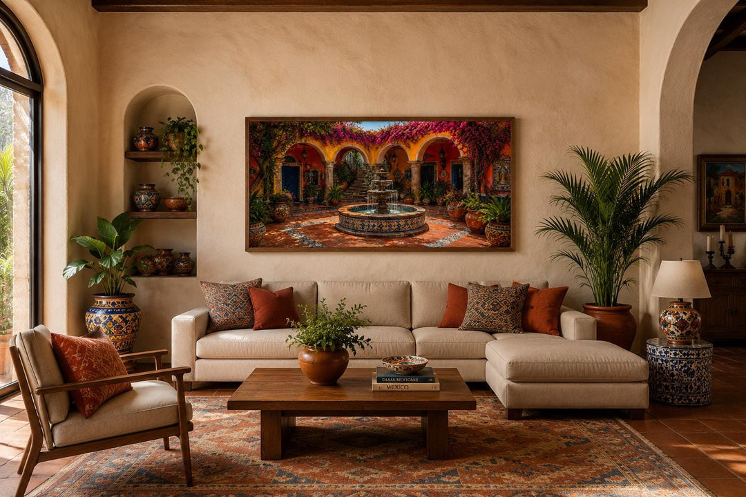 Mexican Courtyard Fountain canvas wall art above a sofa in a Spanish colonial style living room.