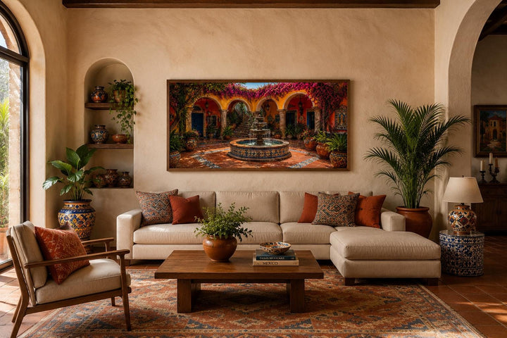 Mexican Courtyard Fountain canvas wall art above a sofa in a Spanish colonial style living room.