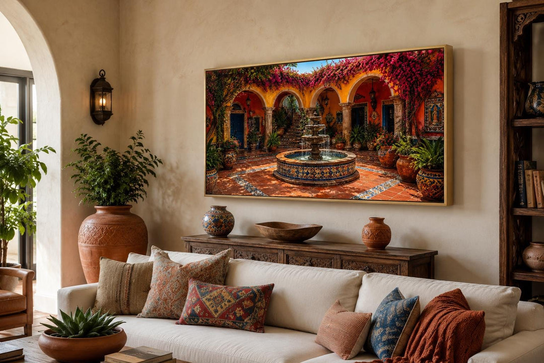 Mexican Courtyard Fountain canvas wall art above a sofa in a Spanish colonial style living room.