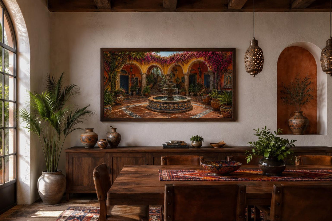 Mexican Courtyard Fountain canvas wall art in a Spanish colonial dining room with wood furniture.