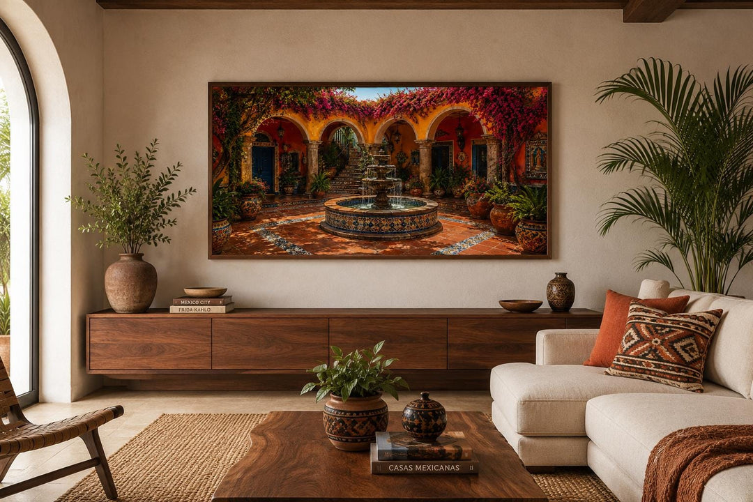 Mexican Courtyard Fountain canvas wall art above a wooden console in a warm, rustic living room.