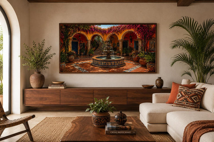 Mexican Courtyard Fountain canvas wall art above a wooden console in a warm, rustic living room.